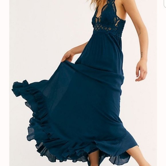 Free People Navy Blue Adella Lace Smocked Back Ruffle Hem Maxi Slip Dress Small - Picture 4 of 11